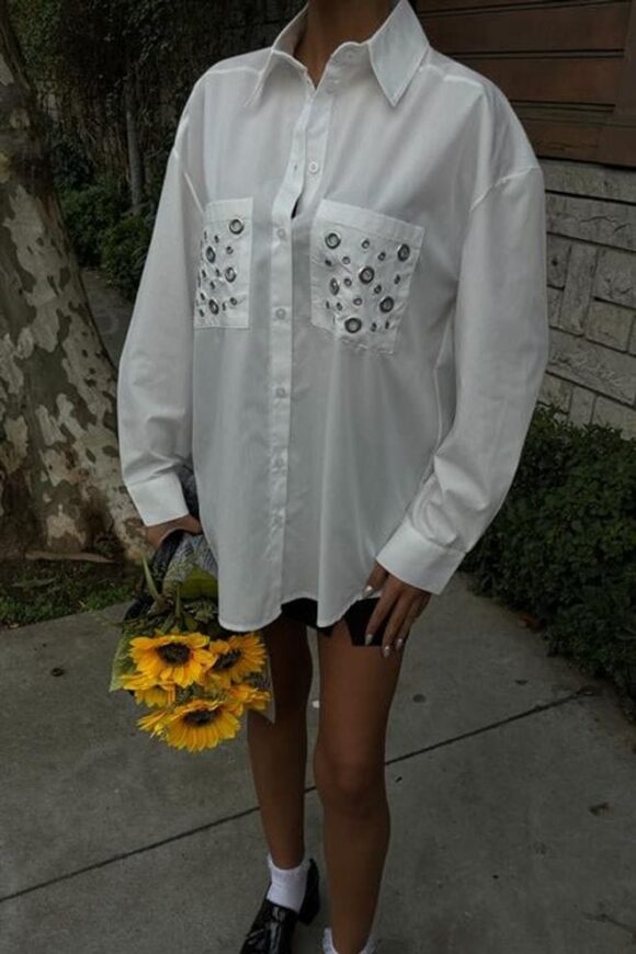⁦Embellished Oversized White Shirt⁩ - الصورة ⁦2⁩
