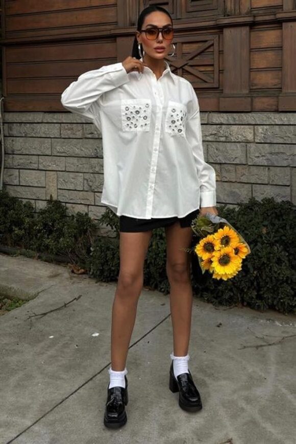 ⁦Embellished Oversized White Shirt⁩ - الصورة ⁦3⁩